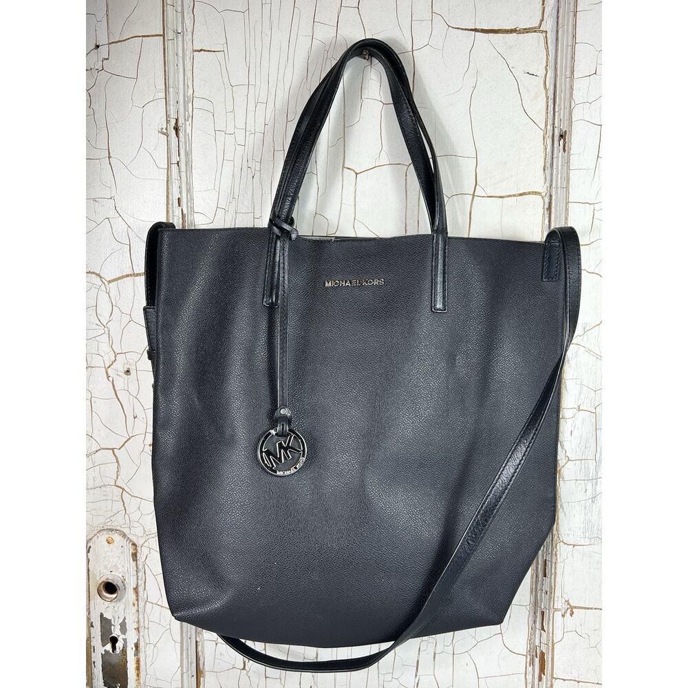 Michael Kors Hayley Black Coated Leather Large Tote Purse Double Handles W Strap - Picture 1 of 16